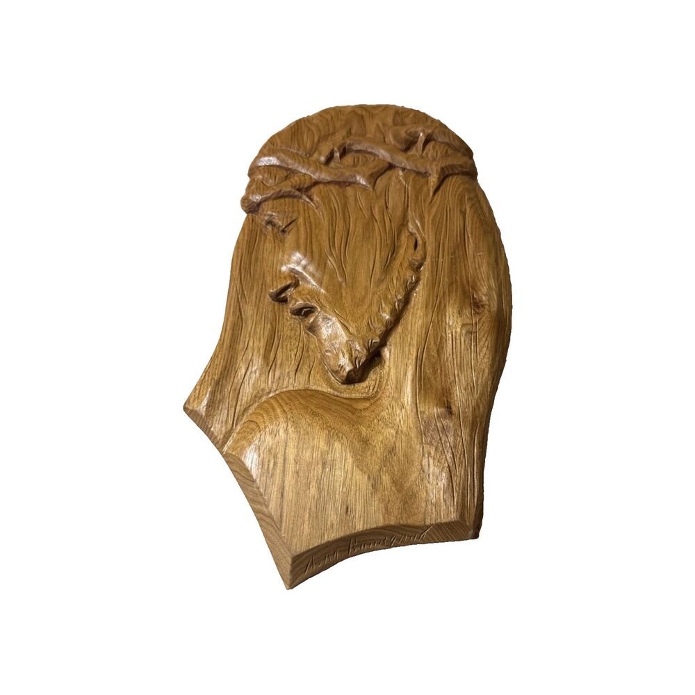 Vintage Crucified Jesus Wooden Head Plaque Hand Carved Signed